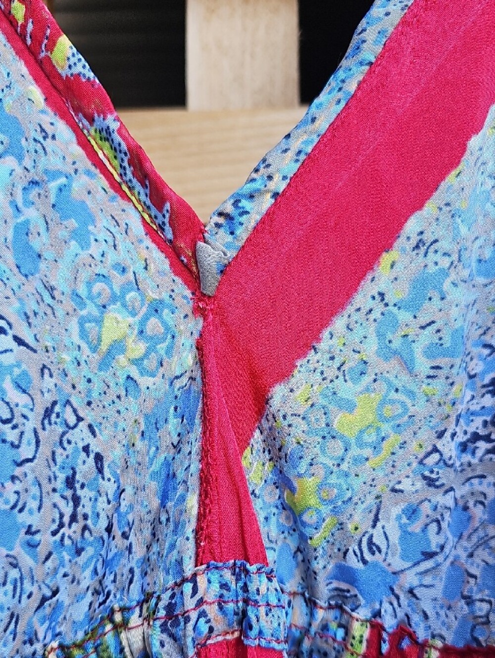 Bohemian Blue Floral SILK Maxi Dress with Red Accent - Picture 11 of 13